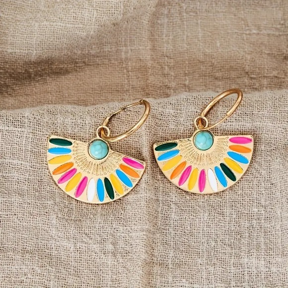 Jewelry - Boho Dangle Hoop Earrings Colorful Fan Turquoise Accent‎ Gold Tone